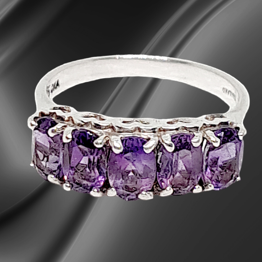 Sterling Silver Ring with Created Amethyst Stones and Hearts all Around